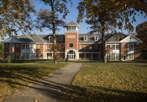 Pearl Hall residential building on Centre College campus, large 3 story brick building.