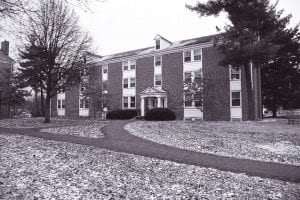 Yerkes House residential building on Centre College campus, three-story large brick building and columns.
